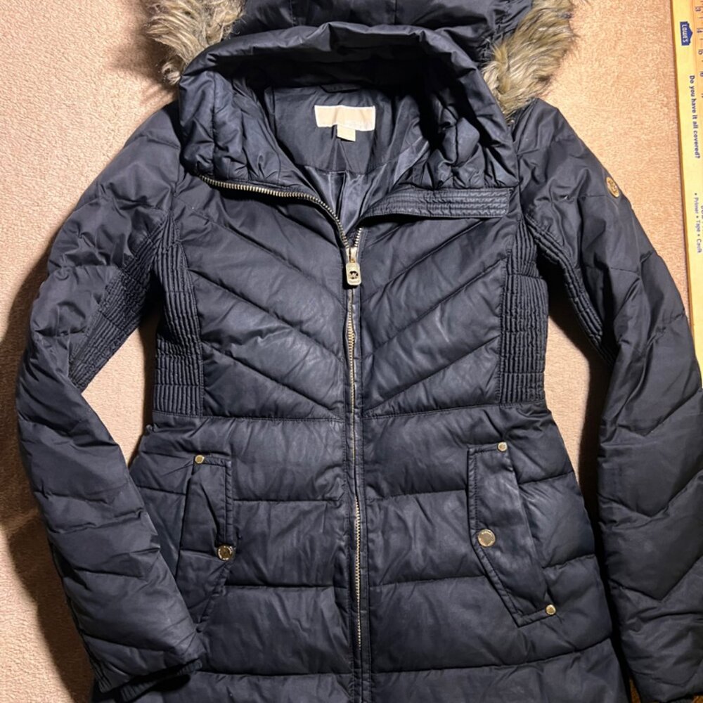 Michael Kors Women XS Black Down Feather Faux Fur Removable Collar Down Coat‎